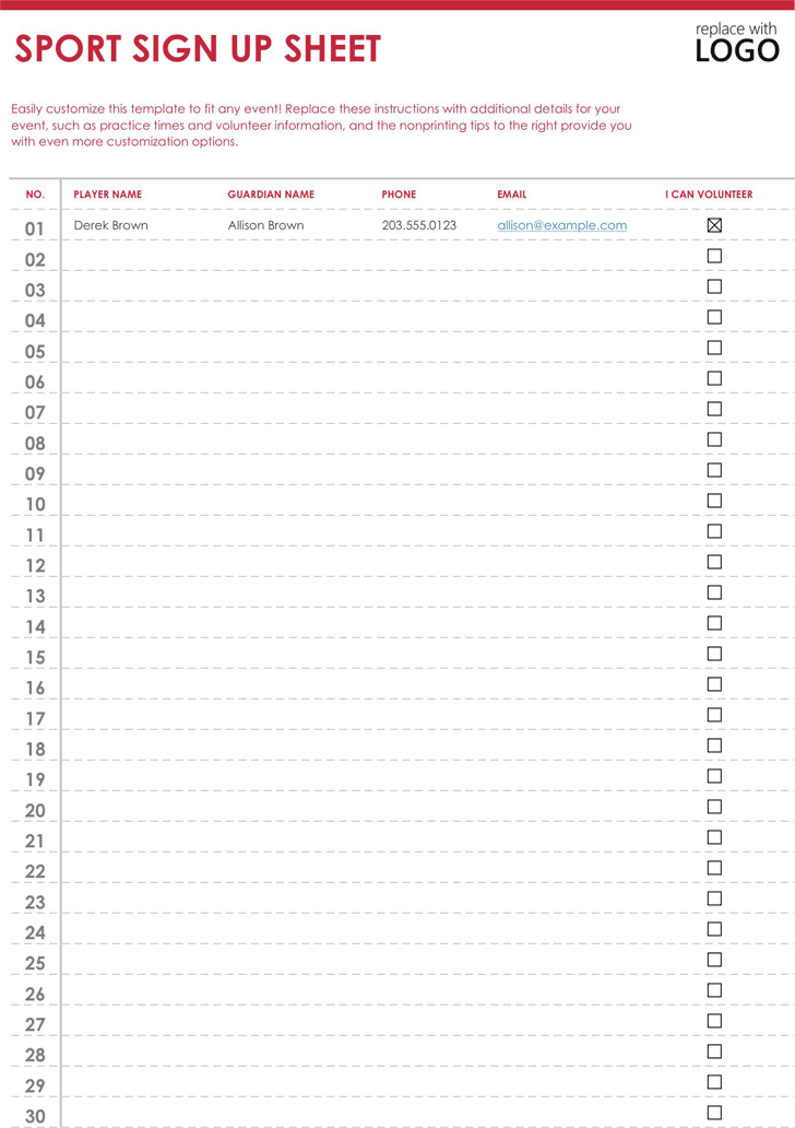 Free Sport Sign Up Sheet xltx 61KB 1 Page(s)