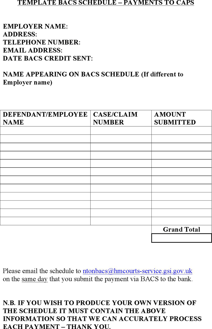 Free Template for BACS Schedule doc 35KB 1 Page(s)