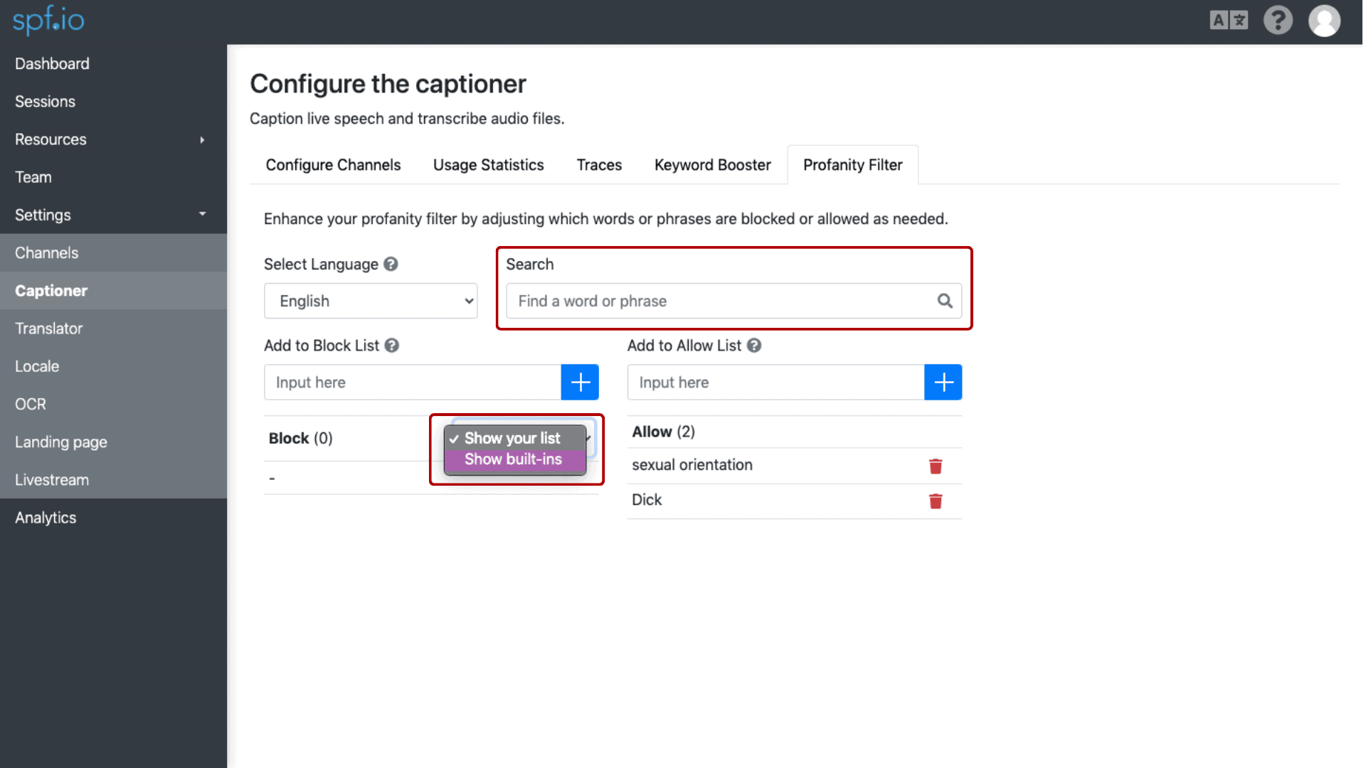 How to use the Profanity Filter in your session spf.io