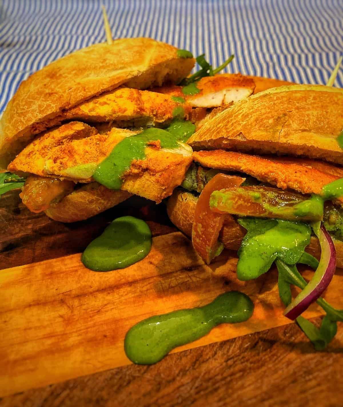Chicken Tikka Baguettes with Green Chutney Dressed Crunchy Salad
