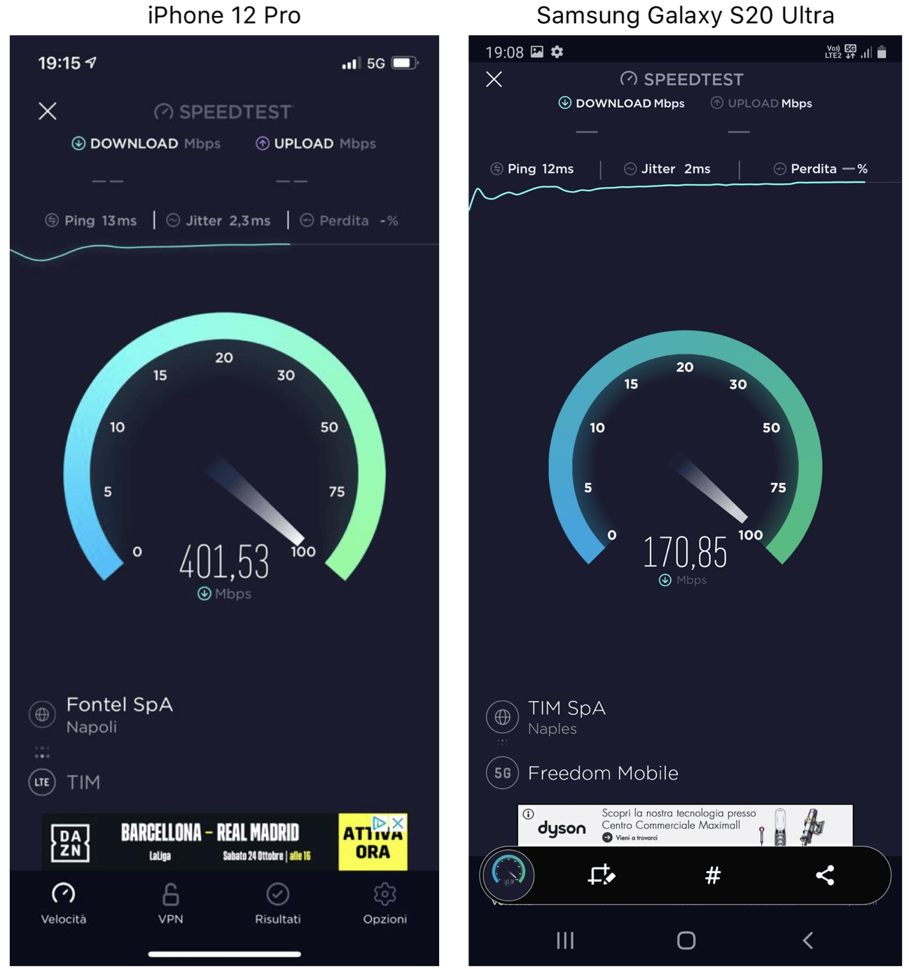 iPhone 12 Pro contro Samsung Galaxy S20 Ultra il test 5G di SPIDERMAC