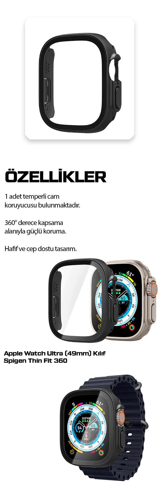 Apple Watch Ultra (49mm) ile Uyumlu Kılıf, Spigen Thin Fit 360 + Cam