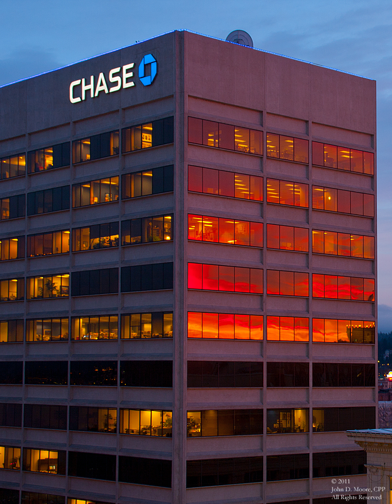 A look at the reflections on the Chase bank building. Spokane Night photos