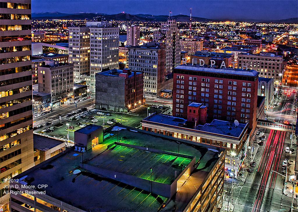 A eastern view of downtown Spokane from the roof of the Davenport Hotel