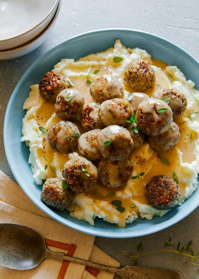 Vegan Swedish Meatballs over Mashed Potatoes and Gravy