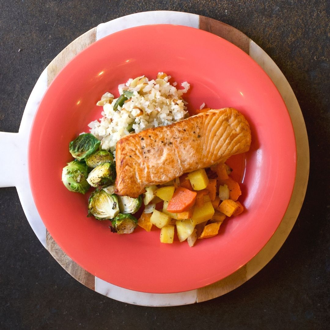 Salmon with Poblano Cauliflower Rice and Brussel Sprouts Spoons Fed