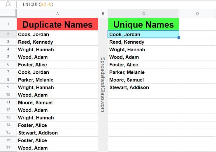 Example of using the UNIQUE function to remove duplicate names in