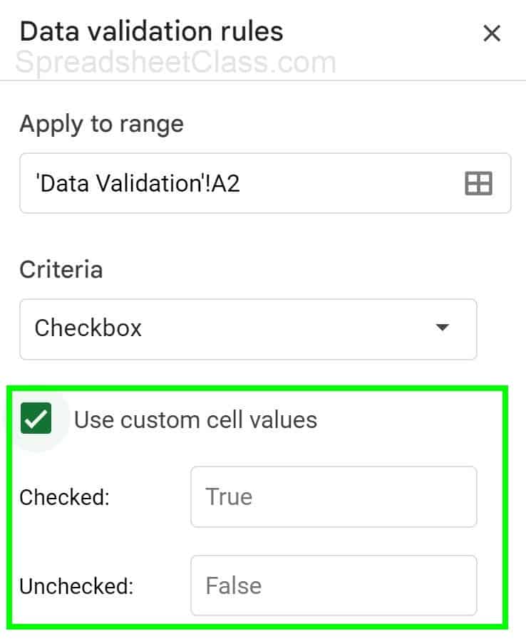 Choosing custom values when inserting a checkbox with data validation