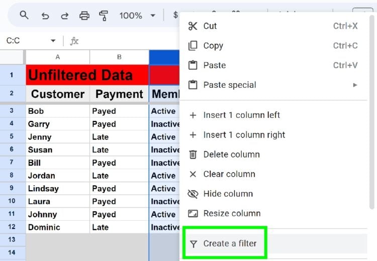 How to filter in Google Sheets right clicking on a column and clicking