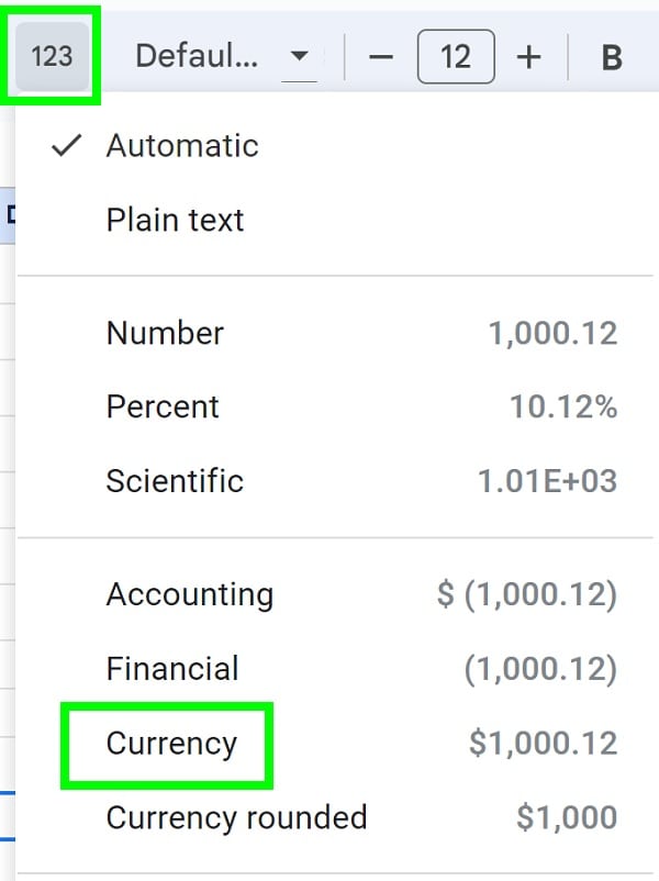 2 ways to format values as currency in Google Sheets