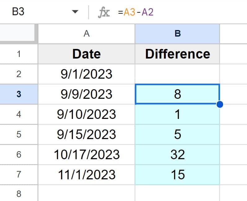 Calculate days between dates (& days elapsed from row to row) in Google