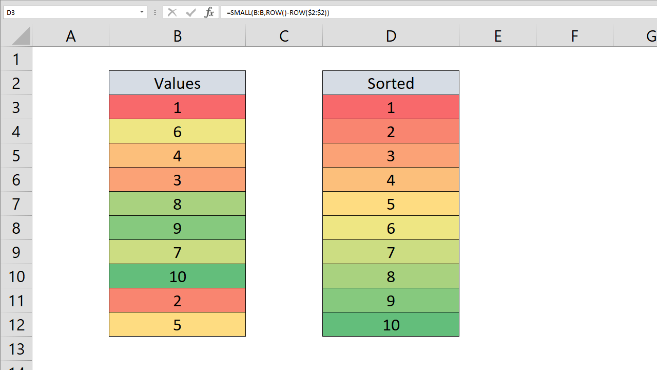 How to use Excel sort function with SMALL and ROW formulas