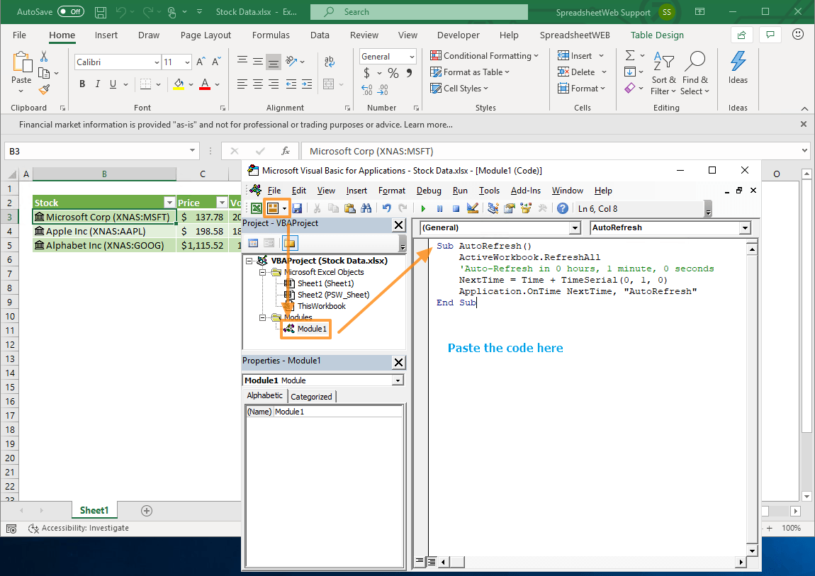 How to refresh stock data in Excel