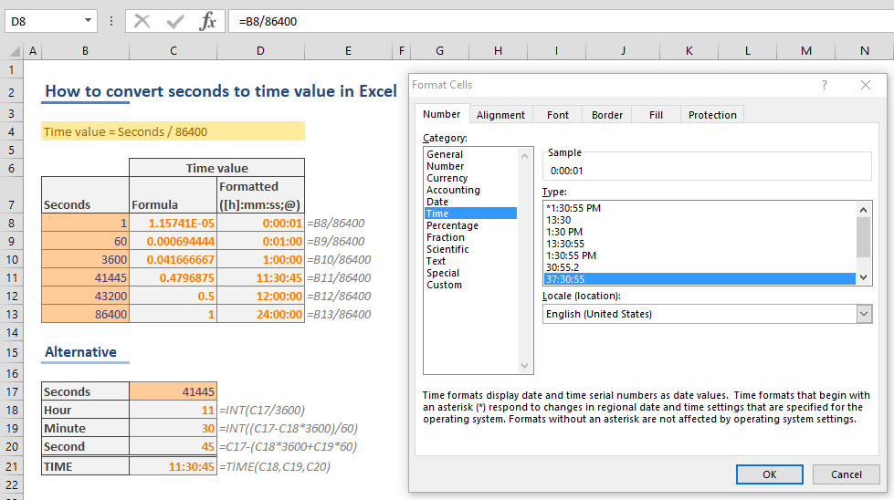 How to convert seconds to time value in Excel