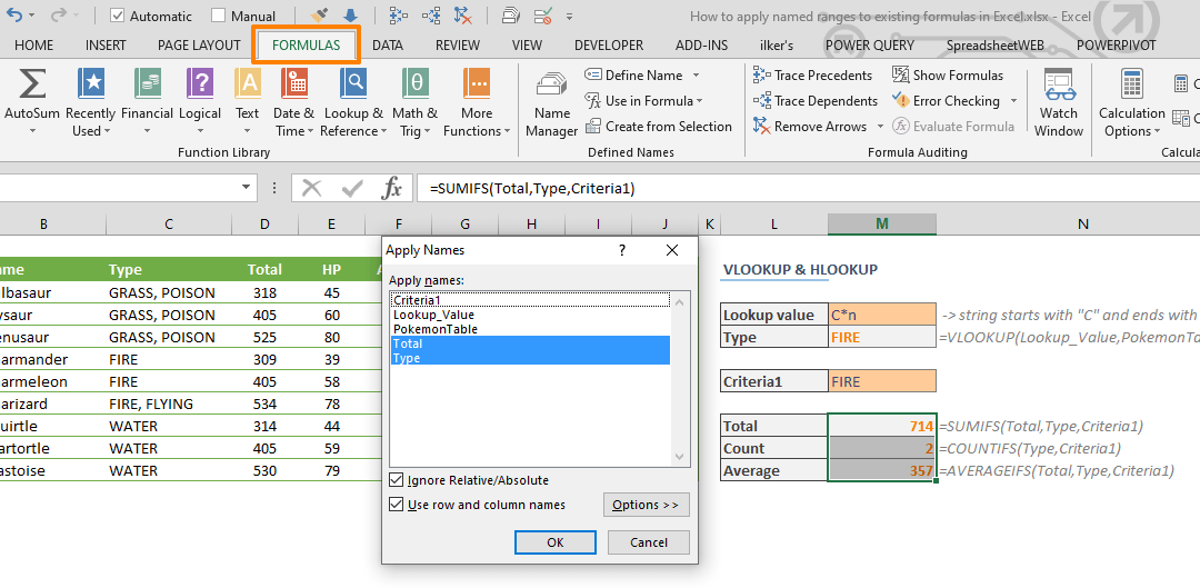 How to apply named ranges to existing formulas in Excel