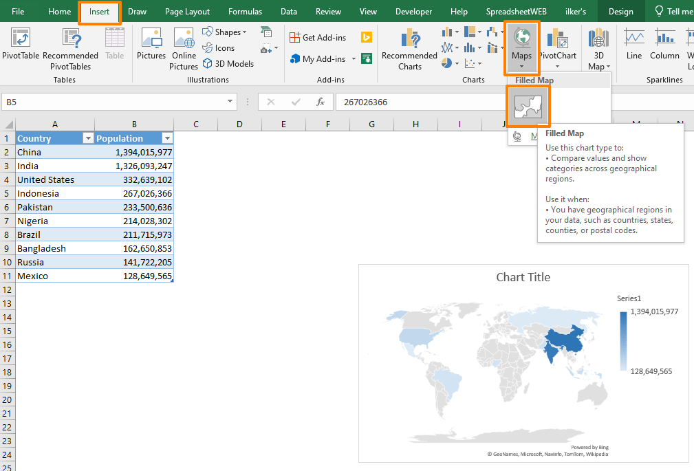 How to create an Excel map chart