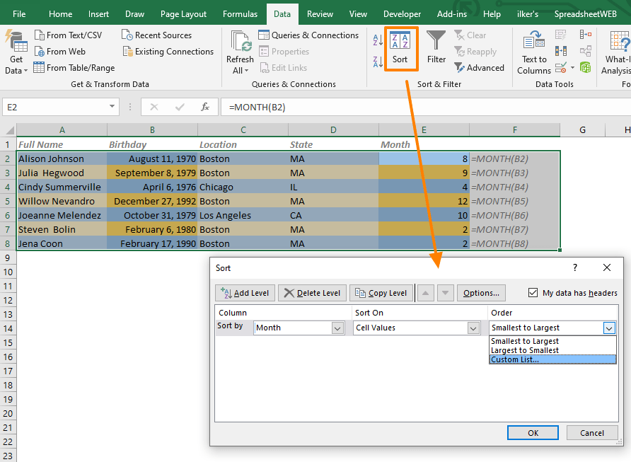 How to sort dates by month in Excel
