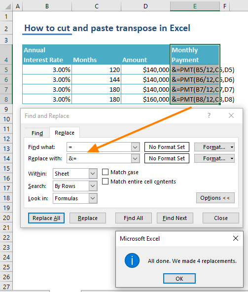 How to cut and paste transpose in Excel