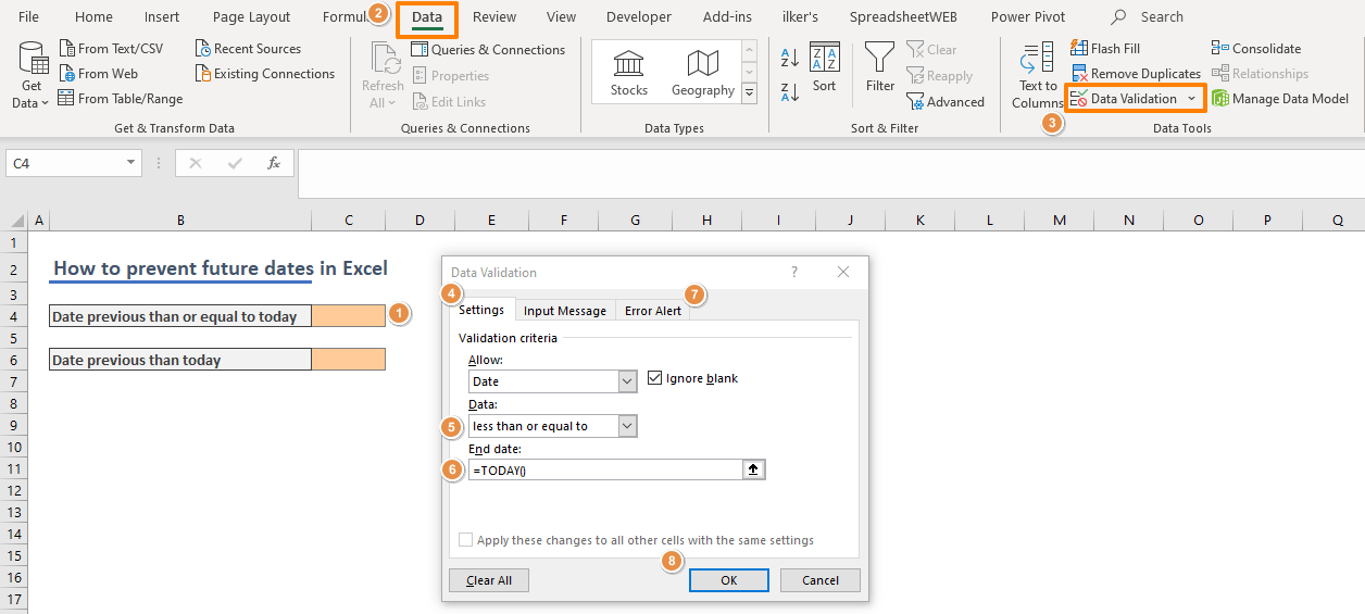How to prevent future dates from being entered in Excel
