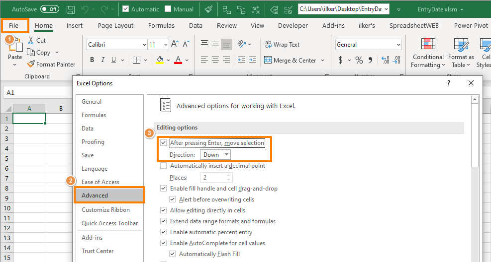 How to change the pressing Enter behavior in Excel