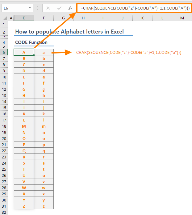 How to populate alphabet letters in Excel in 3 ways
