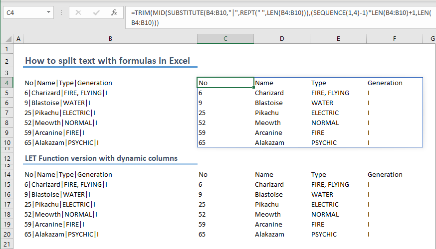 How to split text with formulas in Excel