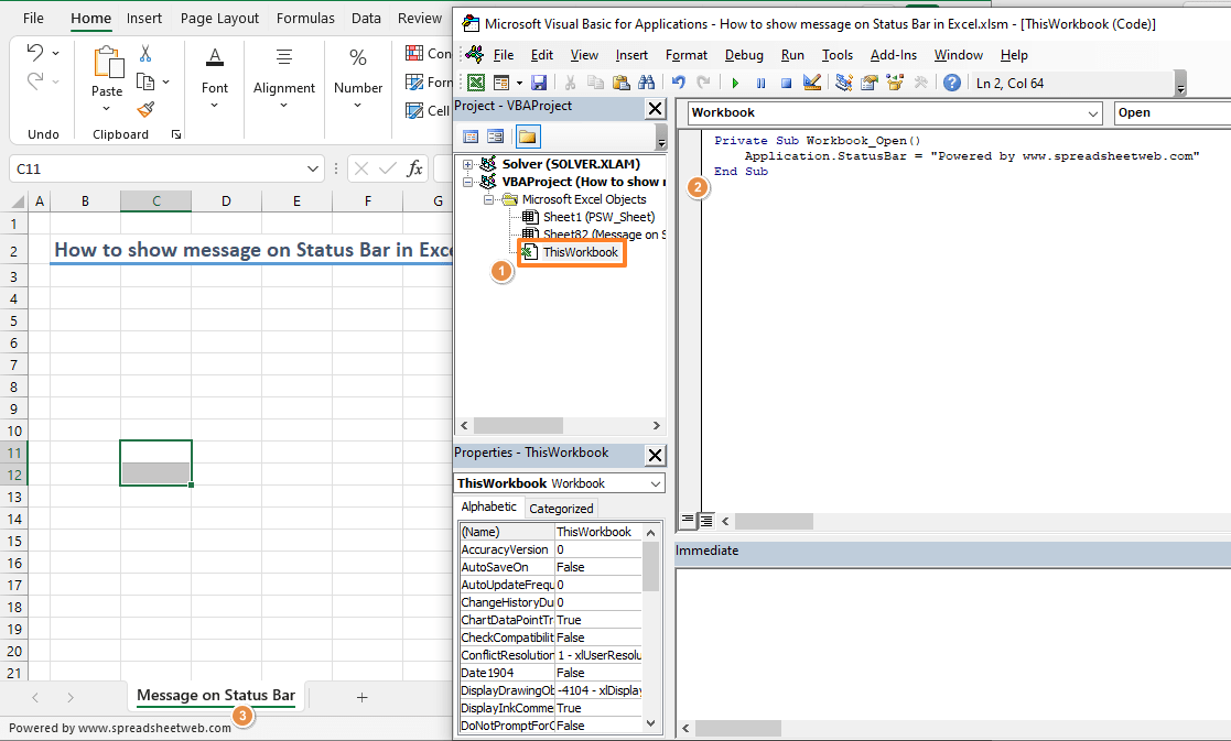 How to show a message on Status Bar in Excel