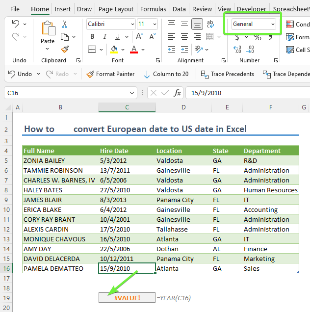 How to convert European date to US date in Excel with formula