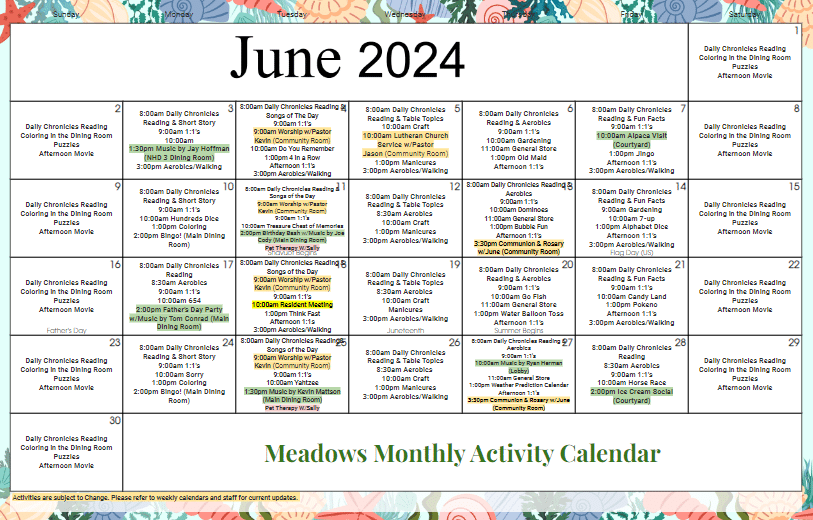 Memory Care Activity Calendar at SpringBrook Assisted Living