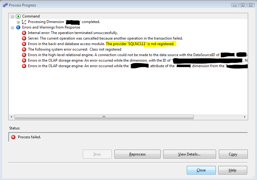 Resolving Analysis Services “The provider ‘SQLNCLI.1’ is not registered
