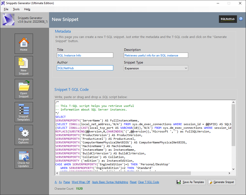 Snippets Generator Easily Create SQL Code Snippets for SQL Server