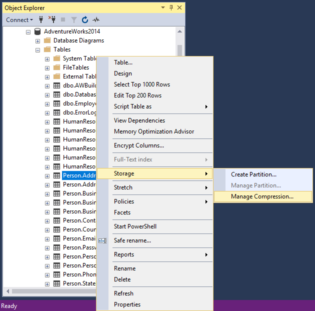 SQL Server data compression using the SSMS Data Compression Wizard