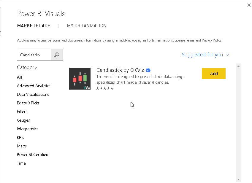 Candlestick chart for stock data analysis in Power BI Desktop