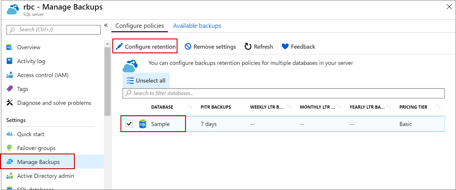How to configure Azure SQL Database longterm retention (LTR) backups
