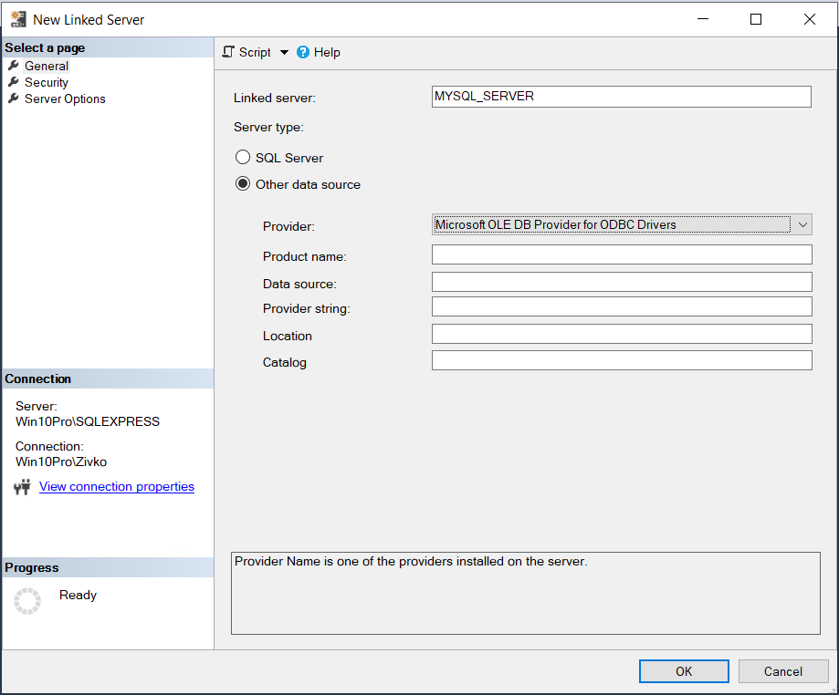 How to create and configure a linked server to connect to MySQL in SQL Server Management Studio
