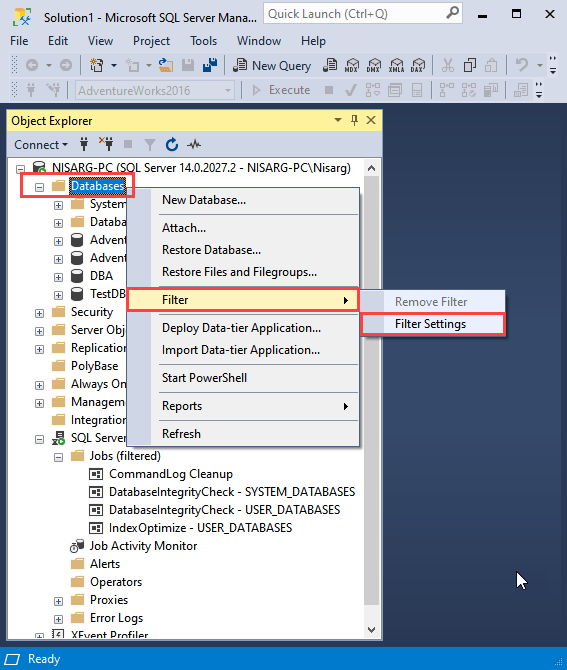 How to filter objects in SSMS 2016