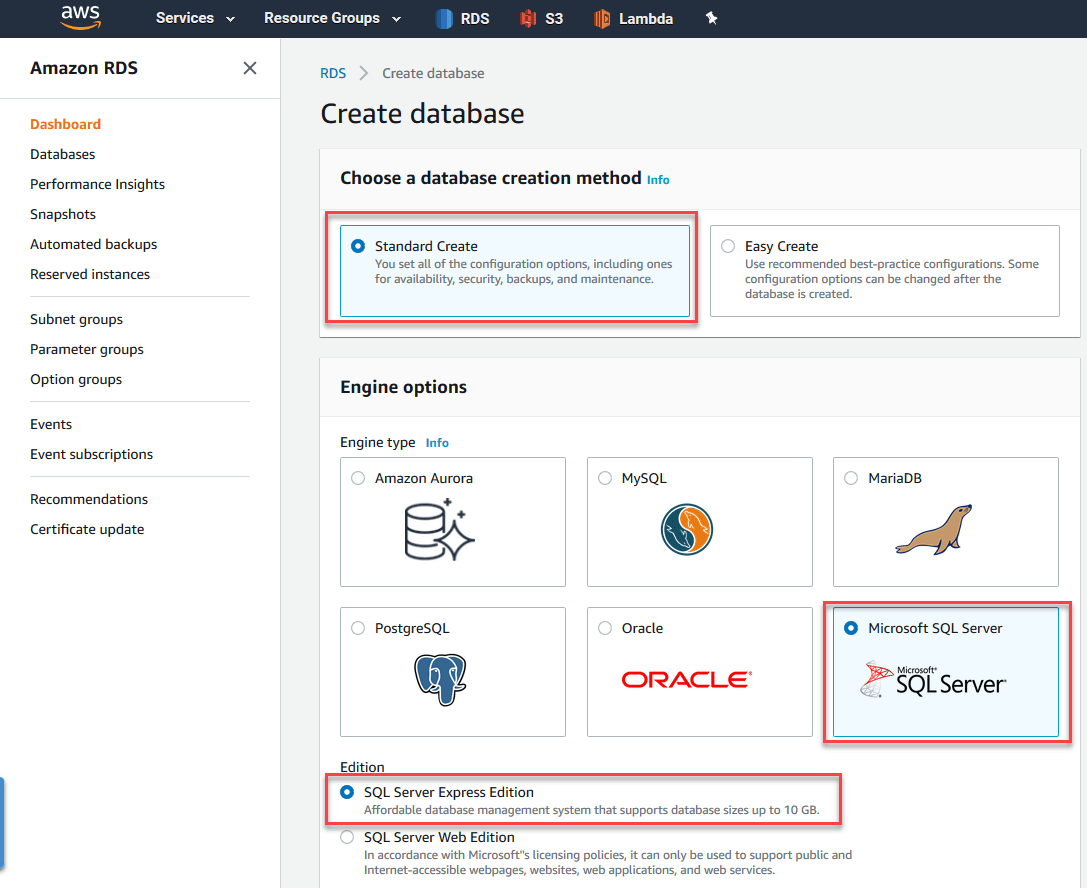 Configuring RDS environment in AWS for SQL Server