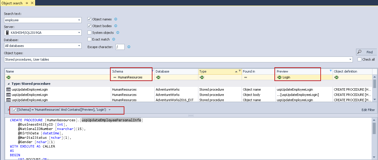 Different ways to search for objects in SQL databases