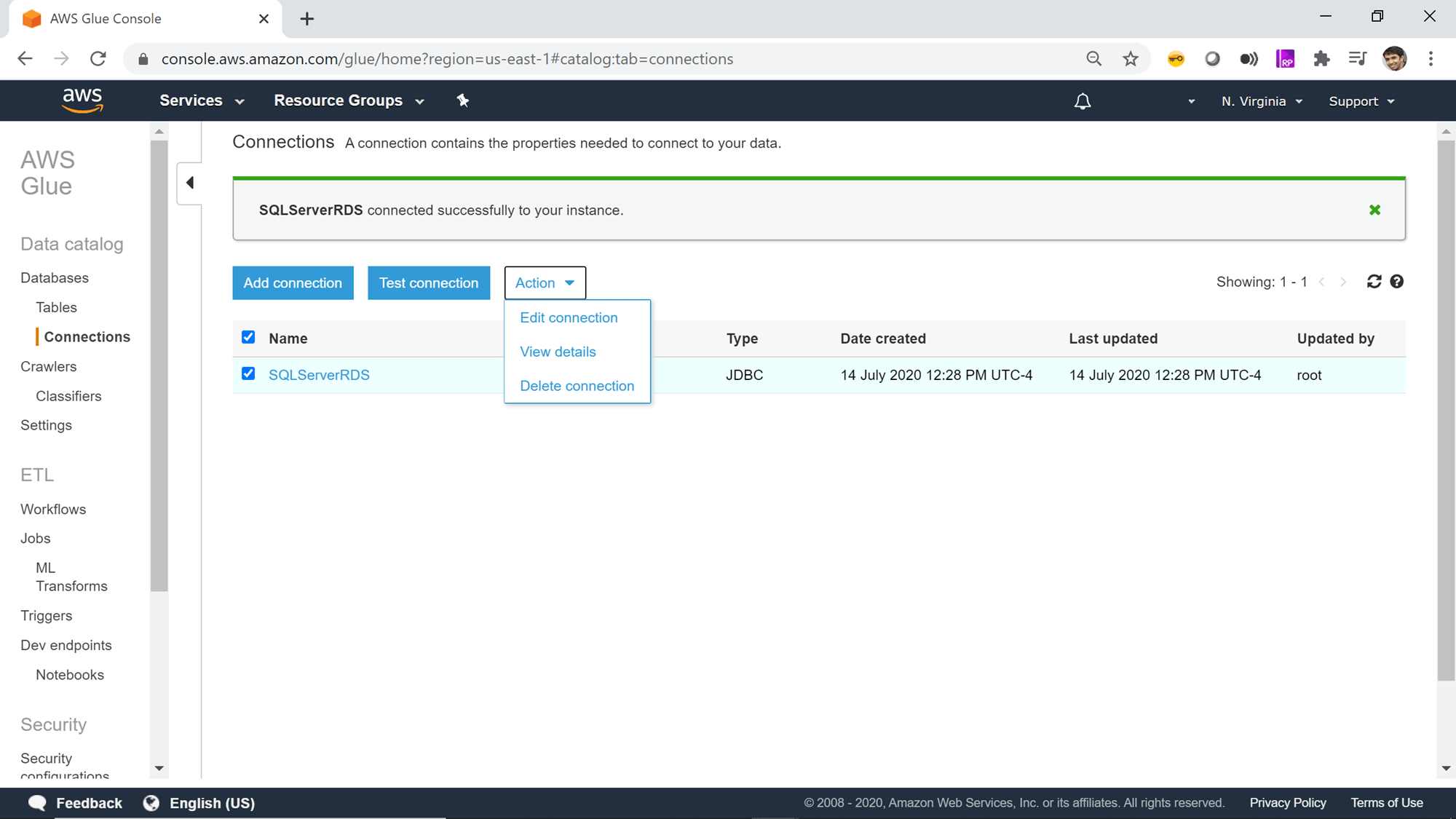 How to connect AWS RDS SQL Server with AWS Glue