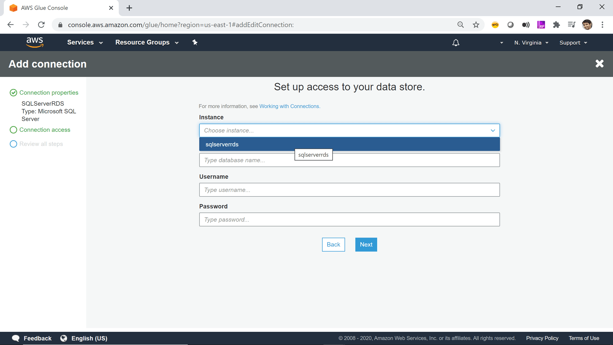 How to connect AWS RDS SQL Server with AWS Glue