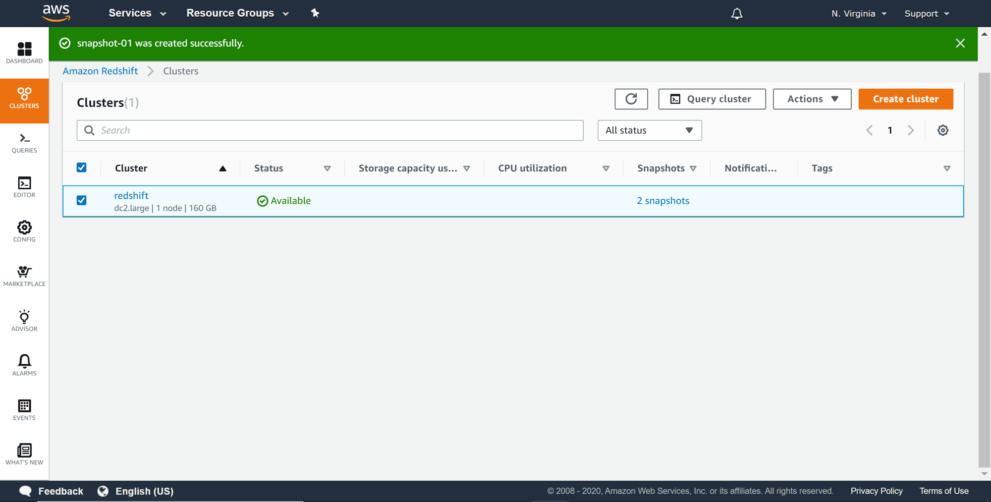Managing snapshots in AWS Redshift clusters