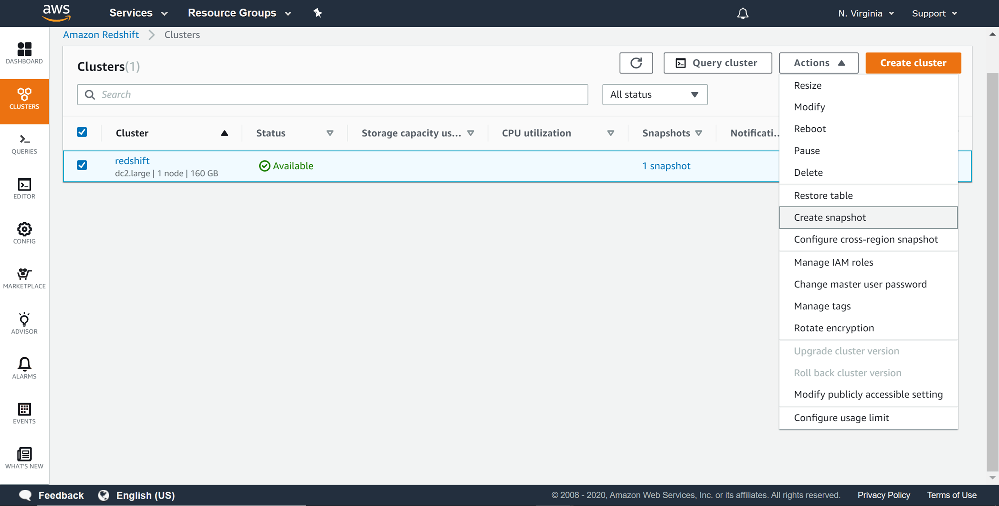 Managing snapshots in AWS Redshift clusters