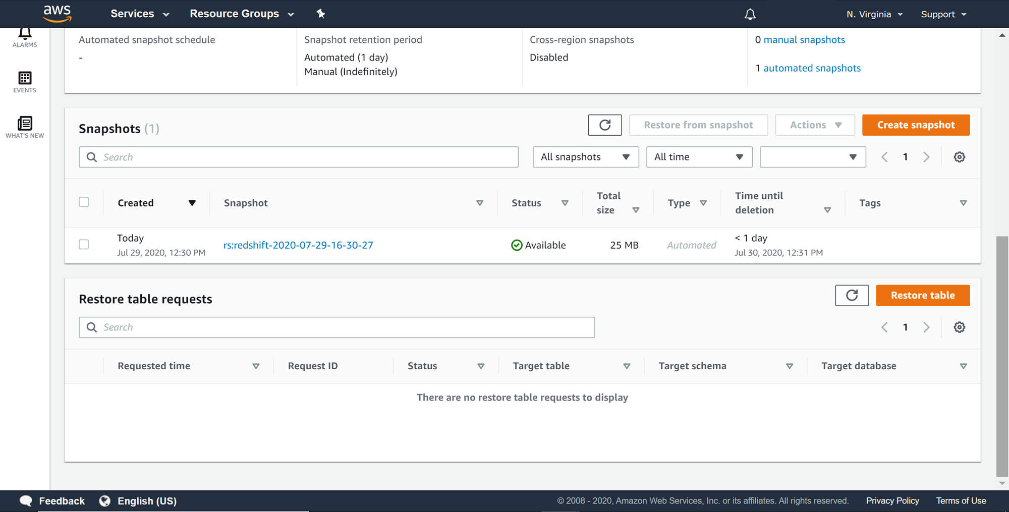 Restore tables in AWS Redshift clusters