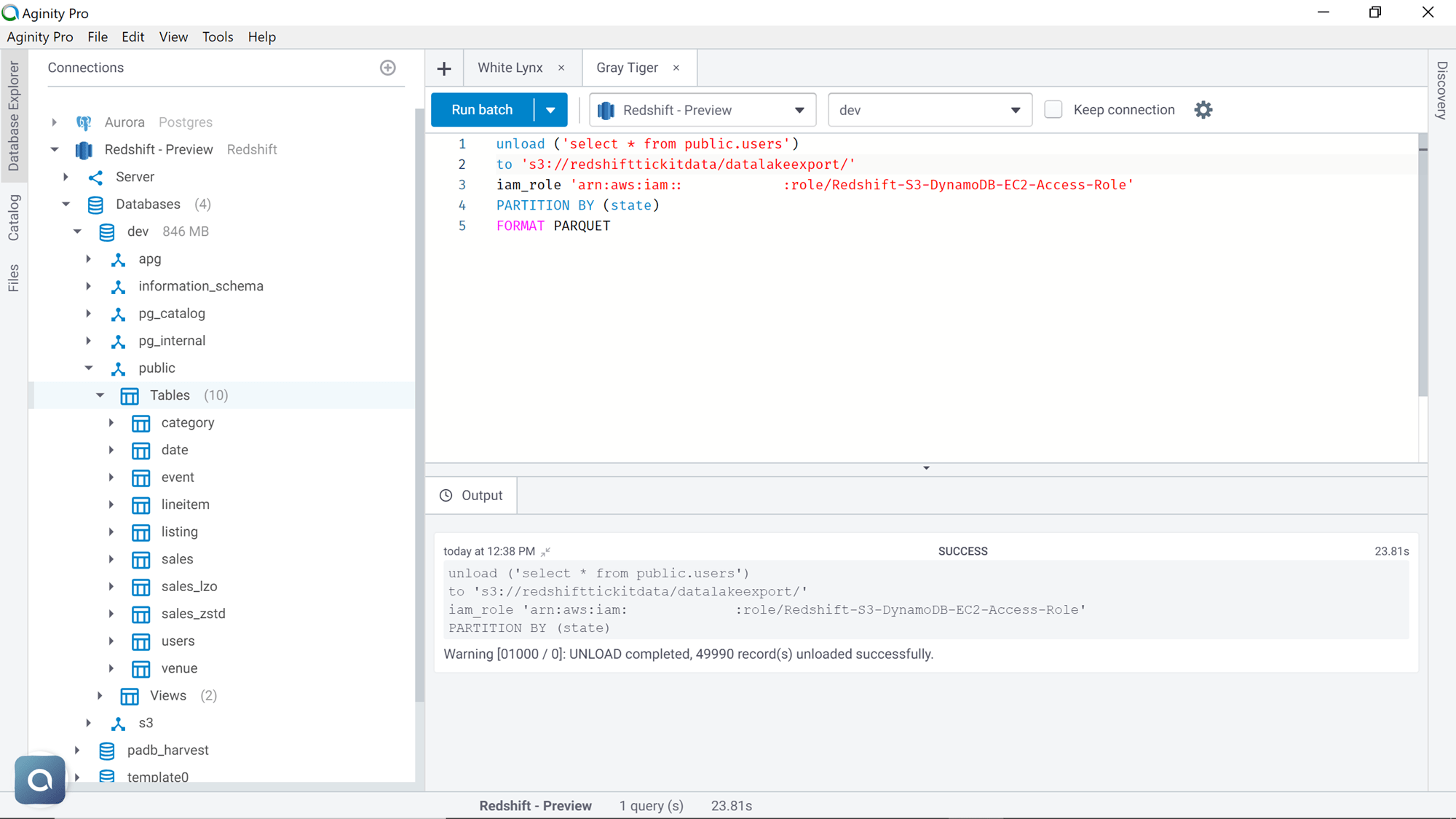 Export data from AWS Redshift to AWS S3