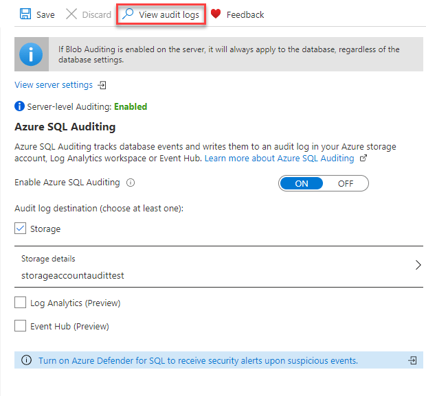 Getting started with Azure SQL Database auditing using Blob storage