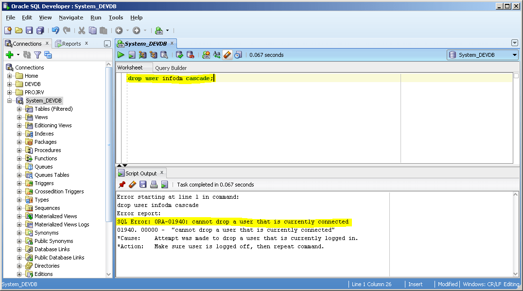 Oracle DROP USER operator