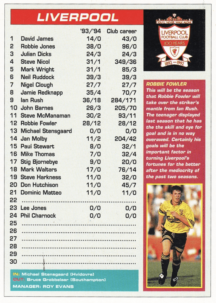 1994 Liverpool’s aborted renumbering attempt Squad Numbers