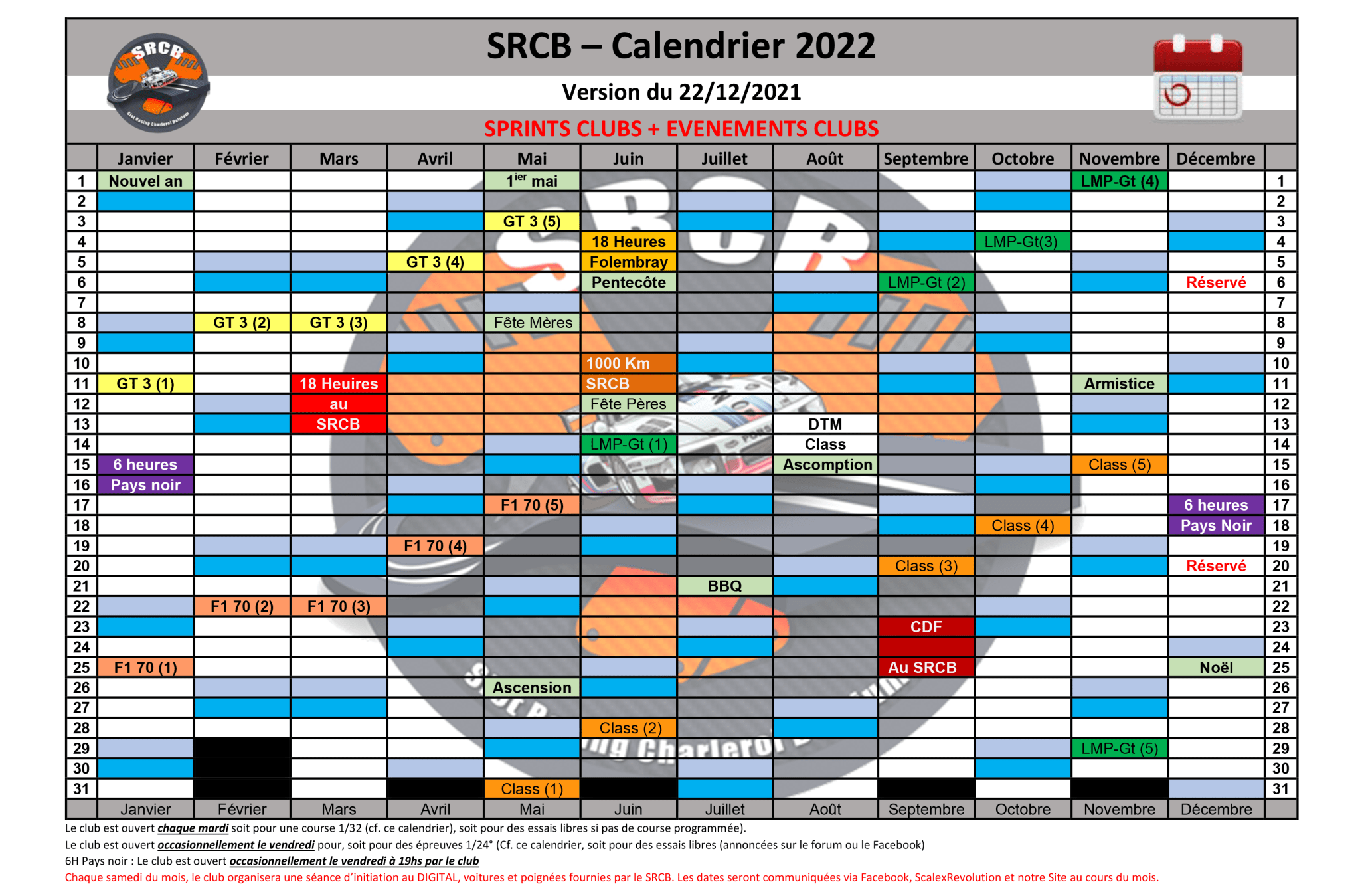 Calendrier 2022 Slot Racing Club Charleroi Belgium