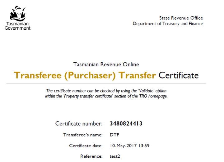 View a property transfer certificate as PDF document State Revenue