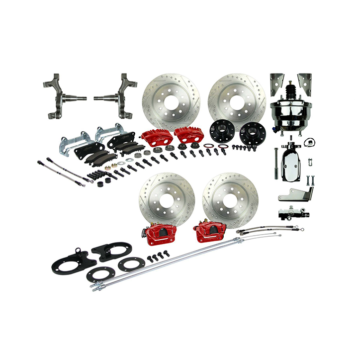 19641972 El Camino Signature 4 Wheel Power Disc Brake Kit, 2 Inch Drop, Chrome Upgrade, Red